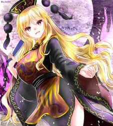  belt black_belt black_dress blonde_hair breasts chinese_clothes crescent dress female folded_fan folding_fan hajike_akira hand_fan highres junko_(touhou) large_breasts long_hair looking_at_viewer moon one-hour_drawing_challenge open_mouth phoenix_crown purple_moon red_eyes red_tabard smile solo tabard touhou very_long_hair wide_sleeves 