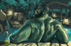  back_muscles back_scar beard biceps black_hair body_hair clothed clothing deltoids facial_hair forest hair hi_res hot_spring humanoid humanoid_pointy_ears lamp lantern looking_at_viewer looking_back looking_back_at_viewer male manly muscular night onsen orc partially_submerged plant poolside rrougarou1 scar shoulder_hair solo topless topless_male tree tusk_ring tusks water 