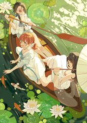  3boys bangle bead_bracelet beads black_hair blowing_bubbles boat bracelet brown_hair dress fish from_above highres ibex jewelry koi lily_pad multiple_boys see-through shorts umbrella water watercraft white_dress white_umbrella 