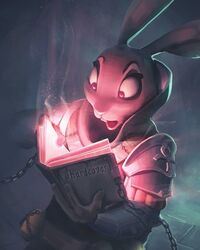  4:5 alec_thomas ambiguous_gender ankh anthro armor belt book chains clothed clothing holding_book holding_object lagomorph leporid light_from_below looking_at_book looking_at_object looking_down magic_book mammal open_mouth rabbit reading reading_book red_light solo symbol_on_accessory symbol_on_clothing 