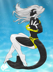  2022 5_fingers 5_toes anthro ass astrid_jensen barefoot bikini bikini_bottom bikini_top black_body black_skin breasts cetacean clothed clothing colored_nails countershading digital_media_(artwork) dolphin feet female fingernails fingers flat_colors floating ghostwolf hair long_hair looking_at_viewer mammal marine multicolored_body multicolored_skin nails oceanic_dolphin orca purple_nails signature silver_hair solo swimwear toenails toes toothed_whale two_tone_body two_tone_skin underwater water white_body white_skin yellow_bikini yellow_clothing yellow_swimwear 