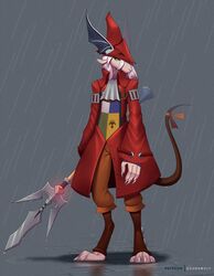  2021 4_fingers 4_toes anthro biped burmecian claws clothed clothing digital_media_(artwork) digitigrade doomthewolf feet female final_fantasy final_fantasy_ix fingers freya_crescent grey_background hair hat headgear headwear hi_res holding_object holding_weapon mammal outside raining red_clothing red_hat red_headwear rodent simple_background solo square_enix standing toe_claws toes weapon 