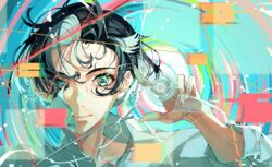  absurdres black_hair blue_eyes blue_shirt closed_mouth collared_shirt commentary_request female glitch hand_up highres looking_at_viewer nico-tine original portrait shirt short_hair solo 