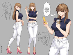  absurdres ass blue_shirt breasts brown_hair cellphone commentary cowboy_shot crop_top cup disposable_coffee_cup disposable_cup elina_(pinepin) female flower full_body grey_background hand_up high_heels highres holding holding_cup holding_phone irony large_breasts long_hair looking_at_viewer midriff mole mole_under_eye multiple_views navel open_mouth original pants phone pinepin pink_flower puff_of_air red_eyes shirt simple_background sleeveless sleeveless_shirt smartphone speech_bubble very_long_hair white_pants 