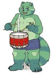  4_toes 5_fingers absurd_res anthro bottomwear claws clothing digital_media_(artwork) drum drumming drumming_stick feet fingers fred_(fredrick_brennan) fur green_body green_fur hi_res holding_object inner_ear_fluff looking_at_viewer maaudaan_tg male mammal musical_instrument nipples open_mouth overweight overweight_anthro overweight_male percussion_instrument percussion_mallet procyonid raccoon shorts solo standing straps teeth toe_claws toes tongue tuft watermark 