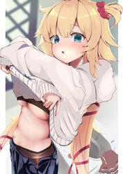  absurdres akai_haato black_bra black_pantyhose blonde_hair blue_eyes blush border bra breasts clothes_lift dress female grey_hoodie hair_ornament hair_ribbon heart heart_hair_ornament highres hololive hood hoodie hoodie_lift large_breasts lifting_own_clothes long_hair looking_at_viewer navel nekoi_(nekoi_0116) open_mouth panties pantyhose red_dress red_panties red_ribbon ribbon side_ponytail solo underboob underwear unworn_dress virtual_youtuber white_border zipper zipper_pull_tab 