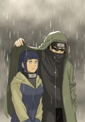  1boy aburame_shino artist_request black_hair blue_eyes blue_hair female fishnets forehead_protector hand_up height_difference high_collar hood hood_up hoodie hyuuga_hinata konohagakure_symbol long_hair manly naruto_(series) naruto_shippuuden rain shared_clothes shared_coat side-by-side sunglasses third-party_source 