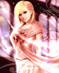  blonde_hair brown_eyes commentary_request dress eve_brea female flower hair_flower hair_ornament hand_on_own_chest highres light_smile looking_at_viewer parasite_eve parasite_eve_the_3rd_birthday rikku_(cake) smile solo 