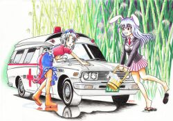  2girls alarm_siren ambulance animal_ears bamboo blue_eyes blush boots car commentary_request cross dress geta ghostbusters grey_hair hat license_plate long_hair miniskirt motor_vehicle multiple_girls necktie nurse nurse_cap open_mouth photoshop_(medium) purple_hair rabbit_ears rear-view_mirror red_cross red_eyes reisen_udongein_inaba short_hair skirt smile tomozo8674 touhou vehicle_focus washing water yagokoro_eirin 