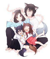  2boys 2girls ame_(ookami_kodomo) animal_ears black_hair brown_eyes brown_hair closed_eyes commentary_request ear_gesture family father_and_daughter father_and_son hana_(ookami_kodomo) juugonichi_(wheeliex2) long_hair mother_and_daughter mother_and_son multiple_boys multiple_girls ookami_kodomo_no_ame_to_yuki ookami_otoko photoshop_(medium) short_hair smile tail v wolf_ears wolf_tail yuki_(ookami_kodomo) 