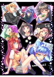  6+girls :o ;d ahoge ano_natsu_de_matteru aoki_reika aquarion_(series) aquarion_evol artoria_pendragon_(fate) asama_tomo black_gloves blonde_hair blue_eyes blue_hair blush bow_(weapon) breasts brown_eyes chitanda_eru commentary_request copyright_name cover cover_page crossover cure_beauty fate/zero fate_(series) gloves hair_ornament hair_tubes hat heterochromia holding hyouka katou_marika kyoukaisenjou_no_horizon large_breasts leaf long_legs miniskirt_pirates multicolored_hair multiple_crossover multiple_girls one_eye_closed open_mouth pink_eyes pink_hair pirate_hat piromizu ponytail precure purple_eyes saber_(fate) sanka_rea sankarea school_uniform season_connection skirt smile smile_precure star_(symbol) tanigawa_kanna thighhighs tiara weapon yunoha_thrul 