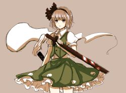  bad_id bad_pixiv_id black_hairband blush female grey_eyes hair_ribbon hairband hitodama konpaku_youmu konpaku_youmu_(ghost) open_mouth puffy_sleeves ribbon short_hair short_sleeves solo sword touhou tsukiori weapon white_hair 