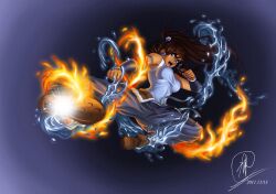  avatar:_the_last_airbender avatar_legends bare_shoulders blue_eyes boots breasts brown_hair commentary_request dark_skin element_bending female fire flying_kick hair_tubes kicking korra large_breasts long_hair photoshop_(medium) ponytail renirevenge the_legend_of_korra topknot vambraces water 