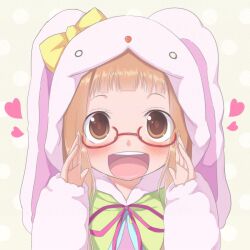  adjusting_eyewear animal_costume animal_ears bespectacled blush brown_eyes brown_hair commentary_request cosplay female glasses highres ichihara_nina idolmaster idolmaster_cinderella_girls kago_no_tori kigurumi long_hair open_mouth rabbit_costume smile solo 