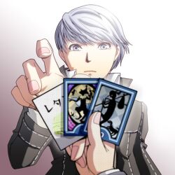  1boy card closed_mouth commentary_request expressionless grey_eyes holding holding_card long_sleeves male_focus narukami_yuu old_maid persona persona_4 photoshop_(medium) pov school_uniform solo_focus tarot tarot_(card) the_fool_(tarot) tokiwa_(mukoku) white_hair yasogami_school_uniform 