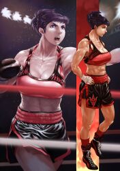  abs absurdres black_hair blue_eyes boxing boxing_gloves boxing_ring braid breasts commentary_request female hair_up highres large_breasts light muscular muscular_female obliques original projected_inset punching red_legwear sports_bra vigwer 