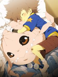  1boy bed big_hair brown_hair closed_eyes commentary_request danzilla digimon digimon_(creature) digimon_adventure gloves goggles hug koromon lolicon lying photoshop_(medium) pillow sleeping socks star_(symbol) yagami_taichi 