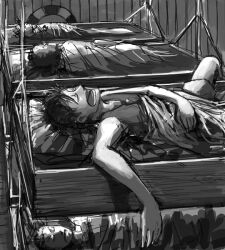  3boys bed bed_sheet feriowind going_merry indoors innertube male male_focus monkey_d_luffy monochrome multiple_boys one_piece open_mouth pixiv_thumbnail reindeer resized roronoa_zoro sheets ship sleeping tony_tony_chopper usopp 