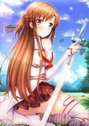  armor ass asuna_(sao) bad_id bad_pixiv_id bare_shoulders blue_sky blush breastplate cloud cloudy_sky day detached_sleeves dress female floating_island highres knights_of_blood_uniform_(sao) lambent_light long_hair long_sleeves open_mouth orange_hair outdoors planted planted_sword rapier sky solo sword sword_art_online swordsouls thighhighs thighs very_long_hair weapon white_armor white_dress white_sleeves white_thighhighs yellow_eyes 