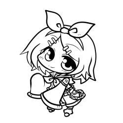  chibi commentary_request detached_sleeves female greyscale hair_ornament hair_ribbon hairclip kagamine_rin monochrome ribbon short_hair sleeves_past_wrists smile solo vocaloid yanagi_(nurikoboshi) 