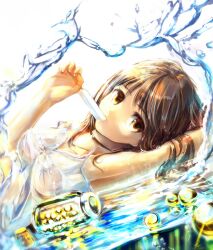  arm_up bottle brown_eyes brown_hair commentary_request cork dress female food gloves highres holding looking_at_viewer lying marble_(toy) original popsicle sakura_ani short_hair solo sundress water wet wet_clothes 