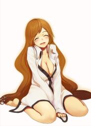  bleach breasts cleavage closed_eyes inoue_orihime long_hair orange_hair smile 