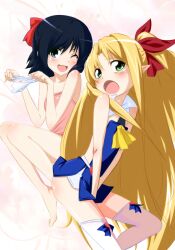  2girls :o ;d ass astarotte_ygvar bad_id bad_link bad_nicoseiga_id bare_shoulders barefoot blue_eyes blush bow bow_panties green_eyes hairbow holding holding_clothes holding_panties holding_underwear long_hair lotte_no_omocha! multiple_girls one_eye_closed open_mouth panties pink_legwear pointy_ears rikku_(cake) short_hair smile thighhighs touhara_asuha underwear unworn_panties very_long_hair white_panties 