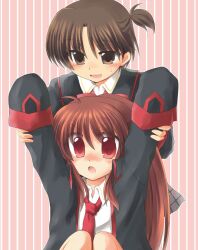  1boy arms_up brown_eyes brown_hair commentary_request cosplay costume_switch crossdressing female little_busters! little_busters!_school_uniform long_hair naoe_riki natsume_rin necktie red_eyes ryuuga_nanamaru school_uniform short_hair side_ponytail sleeves_past_wrists 