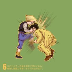  1boy ^^^ android_18 bad_id bad_pixiv_id belt bent_over black_hair blonde_hair blue_eyes bob_cut denim dragon_ball dragon_ball_z female fighting_stance formal from_side green_background hands_on_another&#039;s_face jeans knee_to_face kneeing leg_lift long_sleeves looking_down mary_janes motion_blur motion_lines open_mouth origami_(red) pants profile scar serious shoes short_hair simple_background socks speed_lines striped suit translation_request vest yamcha 