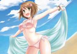  bad_id bad_pixiv_id bikini bracelet breasts brown_hair cloud day female fuku_d green_eyes hair_ornament idolmaster idolmaster_cinderella_girls jewelry large_breasts maekawa_miku navel outstretched_arms pink_bikini short_hair sky solo spread_arms swimsuit underboob 