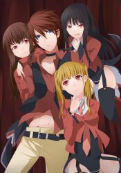  1boy 3girls absurdres asmodeus_(umineko) belt black_hair blonde_hair blue_eyes brown_hair collarbone commentary_request garter_straps highres long_hair long_sleeves lucifer_(umineko) mammon_(umineko) multiple_girls navel necktie nemu_(nebusokugimi) pectorals pink_necktie red_eyes red_hair showgirl_skirt stakes_of_purgatory thighhighs twintails umineko_no_naku_koro_ni ushiromiya_battler very_long_hair wide_sleeves 