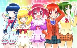  1dora 5girls alternate_costume annotated aoki_reika aria_gakuen_school_uniform baseball blazer blue_shirt bow bowtie brown_jacket commentary_request cosplay creator_connection futari_wa_precure futari_wa_precure_splash_star hairband heart heart_hands heartcatch_precure! hino_akane_(smile_precure!) hoshizora_miyuki in-franchise_crossover jacket l&#039;ecole_des_cinq_lumieres_school_uniform lary midorikawa_nao multicolored_background multiple_girls myoudou_gakuen_middle_school_uniform pink_bow precure school_uniform shirt smile_precure striped_bow striped_bowtie striped_clothes suite_precure verone_gakuin_school_uniform white_hairband yayoi_kise yes!_precure_5 yuunagi_middle_school_uniform 