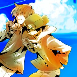  2boys backwards_hat baseball_cap blue_background cloud commentary_request day ethan_(pokemon) goggles goggles_on_head hat hug male_focus multiple_boys nono_pk pokemon pokemon_adventures silver_(pokemon) sky 