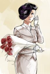  aged_up alternate_hairstyle black_hair bouquet burn_scar female flower formal gloves ikezawa_hanako jacket katawa_shoujo multicolored_hair pencil_skirt purple_hair scar short_hair signature skirt skirt_suit skrats solo suit 