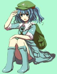  backpack bad_id bad_pixiv_id bag blue_eyes blue_hair blush_stickers boots female hair_bobbles hair_ornament hat kawashiro_nitori key open_mouth salute short_twintails sleeves_rolled_up solo touhou tsukiori twintails two_side_up 