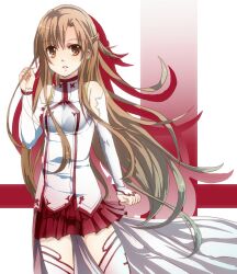  asuna_(sao) bad_id bad_pixiv_id bare_shoulders brown_eyes brown_hair detached_sleeves dress female gloves hair_between_eyes hand_up keita_(tundereyuina) knights_of_blood_uniform_(sao) long_hair miniskirt pleated_skirt red_skirt skirt solo sword_art_online thighhighs thighs very_long_hair white_dress white_gloves white_thighhighs 