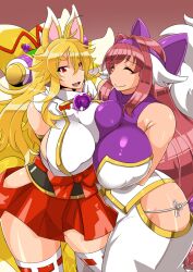  2girls animal_ears bare_shoulders blonde_hair breast_press breasts closed_eyes curvy female fox_ears fox_tail fusehime_maaya hair_ribbon highres huge_breasts izuna_(shinrabanshou) japanese_clothes long_hair multiple_girls multiple_tails panties pink_hair red_eyes ribbon shinrabanshou simple_background skirt smile standing string_panties symmetrical_docking tail thighhighs thighs u-ma underwear yuumano_yuuki 