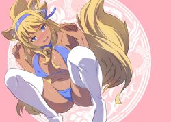  akira_(coffee_curry) animal_ears bell bikini blonde_hair blue_bikini blue_eyes breasts collar commentary_request female hair_ribbon huge_breasts kouretsuken_mahiru long_hair looking_at_viewer neck_bell open_mouth photoshop_(medium) ribbon shinrabanshou solo swimsuit tail tan thighhighs white_thighhighs 