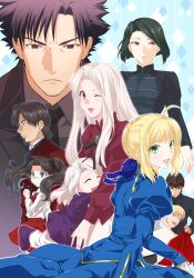  4boys 5girls ahoge artoria_pendragon_(fate) bad_id bad_pixiv_id black_eyes black_hair blonde_hair blue_eyes brown_hair dress emiya_kiritsugu facial_hair fate/zero fate_(series) gilgamesh_(fate) goatee green_eyes hisau_maiya hug illyasviel_von_einzbern irisviel_von_einzbern kotomine_kirei long_hair multiple_boys multiple_girls nekotawawa one_eye_closed pantyhose photoshop_(medium) red_eyes saber_(fate) thighhighs tohsaka_rin tohsaka_tokiomi 