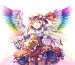  :d ^_^ alternate_costume alternate_wings blonde_hair closed_eyes colorful commentary_request cuffs detached_sleeves dress female flandre_scarlet flower hat hat_ribbon highres niichi_(komorebi-palette) open_mouth photoshop_(medium) ribbon shackles short_hair side_ponytail smile solo touhou white_background wings 