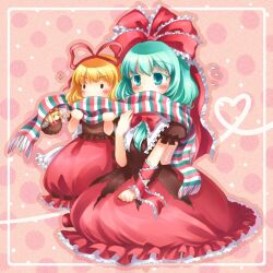  2girls aqua_eyes aqua_hair arm_ribbon bad_id bad_pixiv_id blonde_hair blush bow colored_eyelashes dress front_ponytail hair_ornament hair_ribbon hairbow heart kagiyama_hina long_hair medicine_melancholy mito_tsubaki multicolored_clothes multicolored_scarf multicolored_stripes multiple_girls pink_background polka_dot polka_dot_background ribbon scarf shared_clothes shared_scarf short_hair short_sleeves solid_circle_eyes striped_clothes striped_scarf su-san touhou 