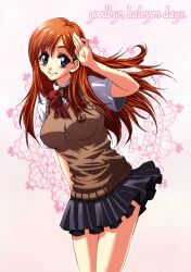  bleach blue_eyes breasts commentary_request female hair_ornament inoue_orihime large_breasts long_hair masurao_bc orange_hair pleated_skirt salute school_uniform skirt solo sweater_vest 