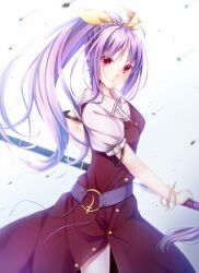  belt bow bracelet commentary_request dabadhi female hairbow high_ponytail holding jewelry katana long_hair looking_at_viewer ponytail purple_hair red_eyes solo sword touhou watatsuki_no_yorihime weapon wind 