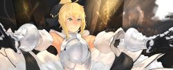  ahoge armor armored_dress artoria_pendragon_(all) bare_shoulders bigegg blonde_hair bow detached_sleeves fate/stay_night fate/unlimited_codes fate_(series) gauntlets green_eyes hairbow highres light_smile outstretched_arms ponytail saber saber_lily solo 