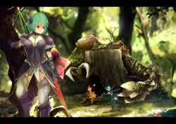  3girls armor commentary_request die_letzte_(tc) duramboros forest kazami_yuuka letterboxed medicine_melancholy melahoa_(armor) mini_person minigirl monster monster_hunter_(series) monster_hunter_portable_3rd mosgharl_(armor) multiple_girls nargacuga_(armor) nature photoshop_(medium) running shield short_hair su-san touhou weapon wriggle_nightbug 