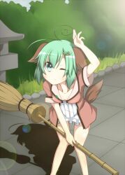  animal_ears antenna_hair bamboo_broom broom collarbone commentary_request earlgrey female green_eyes green_hair highres kasodani_kyouko leaning_forward lens_flare no_nose one_eye_closed short_hair short_sleeves solo stone_lantern touhou wide_sleeves 