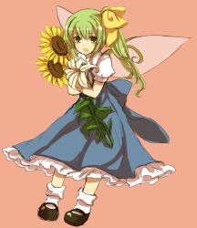  bad_id bad_pixiv_id bow daiyousei dress fairy_wings female flower green_eyes green_hair hairbow mary_janes open_mouth puffy_sleeves shoes short_hair short_sleeves side_ponytail socks solo sunflower touhou tsukiori white_socks wings 