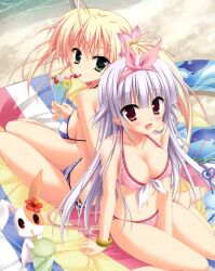  2girls :d absurdres ahoge arm_support bangle bare_shoulders barefoot beach bikini blonde_hair blush bracelet breasts cleavage crazy_straw cup drink drinking drinking_straw flower frilled_bikini frills front-tie_top green_eyes hair_flower hair_ornament hairband hatsuyuki_sakura heart_straw hibiscus highres innertube jewelry light_purple_hair long_hair looking_back medium_breasts moribe_(rabumanyo) multiple_girls navel open_mouth pink_bikini pink_hair purple_eyes rabbit red_eyes sakuya_(hatsuyuki_sakura) shiny_skin sideboob sitting skindentation smile striped_bikini striped_clothes swim_ring swimsuit tamaki_sakura tropical_drink twintails underboob water yokozuwari 