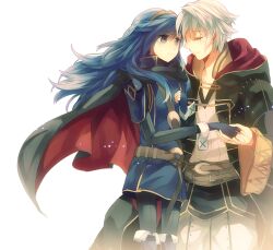  1boy ameno_(a_meno0) armor bad_id bad_pixiv_id blue_eyes blue_hair cape closed_eyes female fingerless_gloves fire_emblem fire_emblem_awakening gloves lucina_(fire_emblem) photoshop_(medium) robin_(fire_emblem) robin_(male)_(fire_emblem) tears white_hair 