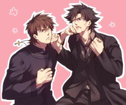  2boys bad_id bad_pixiv_id black_eyes black_hair black_jacket blood blood_in_mouth brown_eyes brown_hair clenched_hands command_spell cross cross_necklace crosscounter duel emiya_kiritsugu empty_eyes fate/zero fate_(series) fighting formal habit jacket jewelry kotomine_kirei male_focus multiple_boys necklace necktie one_eye_closed open_mouth pink_background priest punching simple_background suit zihad 